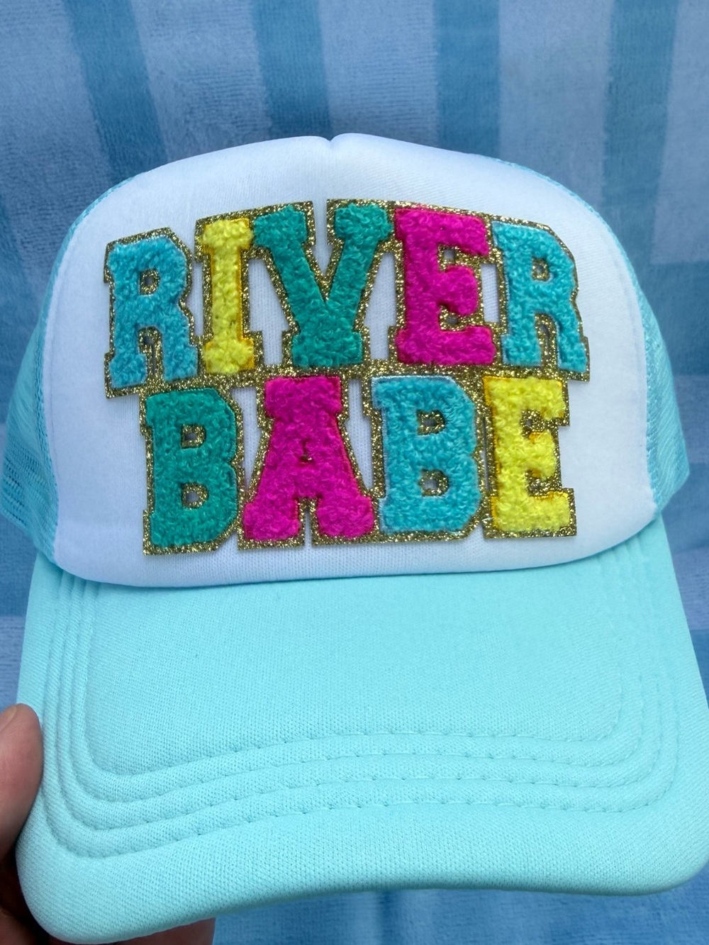 River Babe Turquoise Trucker Hat with Multicolor Chenille Patch